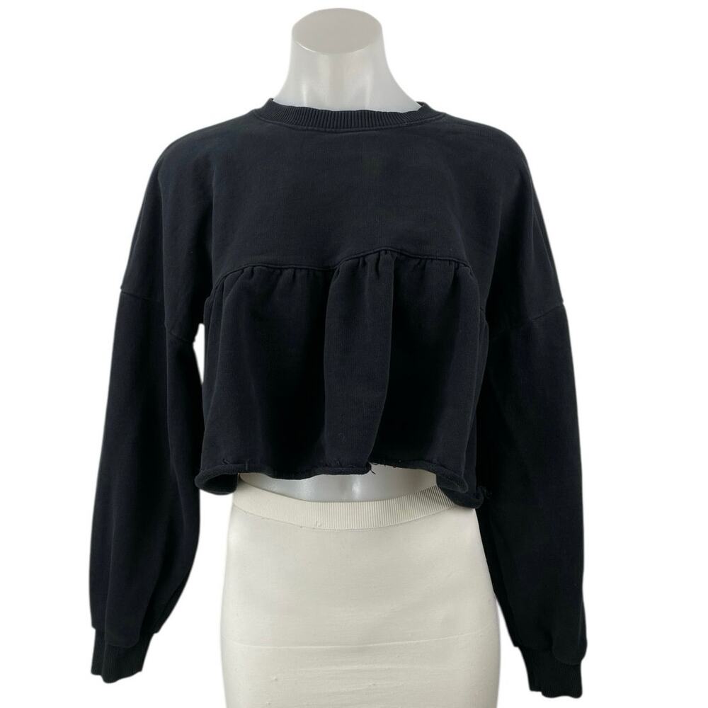 Zara Women's Black Long Sleeve Crew Neck Knit Boxy Ruffle Sweatshirt Top Size M